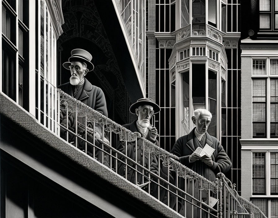 Vintage-dressed men on fire escape with architectural backdrop.