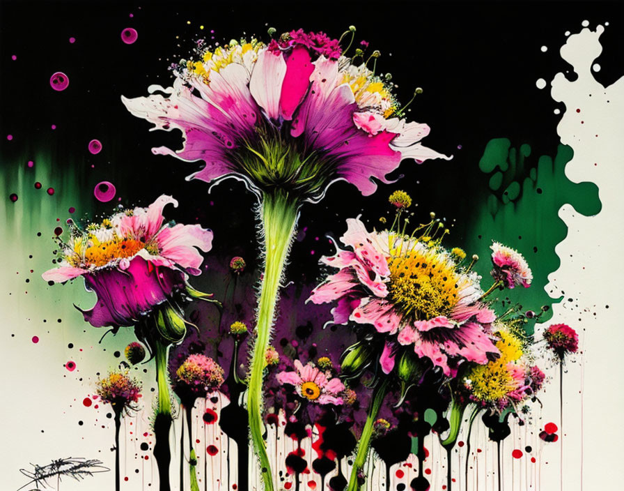 Colorful Stylized Flower Artwork with Pink, White, and Green Splashes