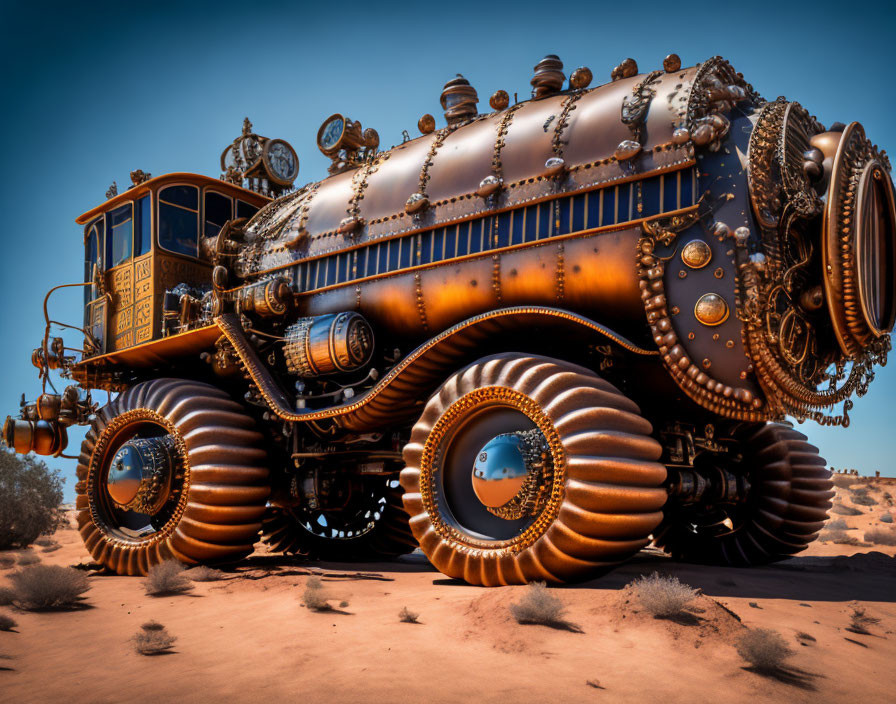 Steampunk-style vehicle with brass detailing in desert landscape