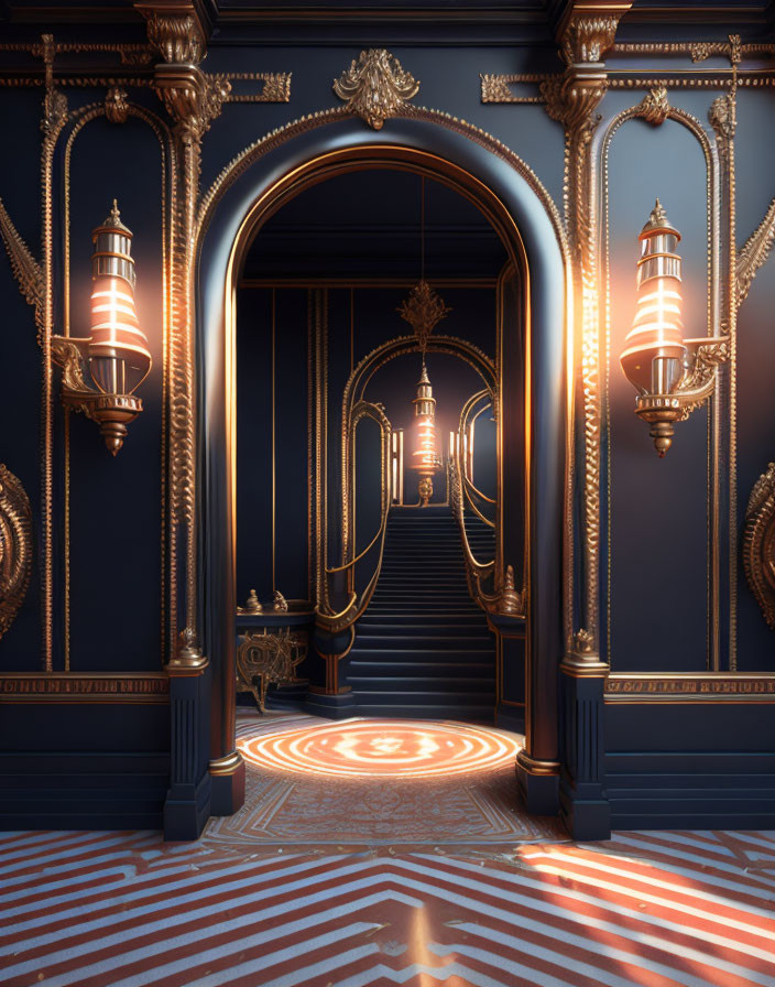 Opulent dark hallway with gold trim, arched doorways, hanging lights, red carpet & grand