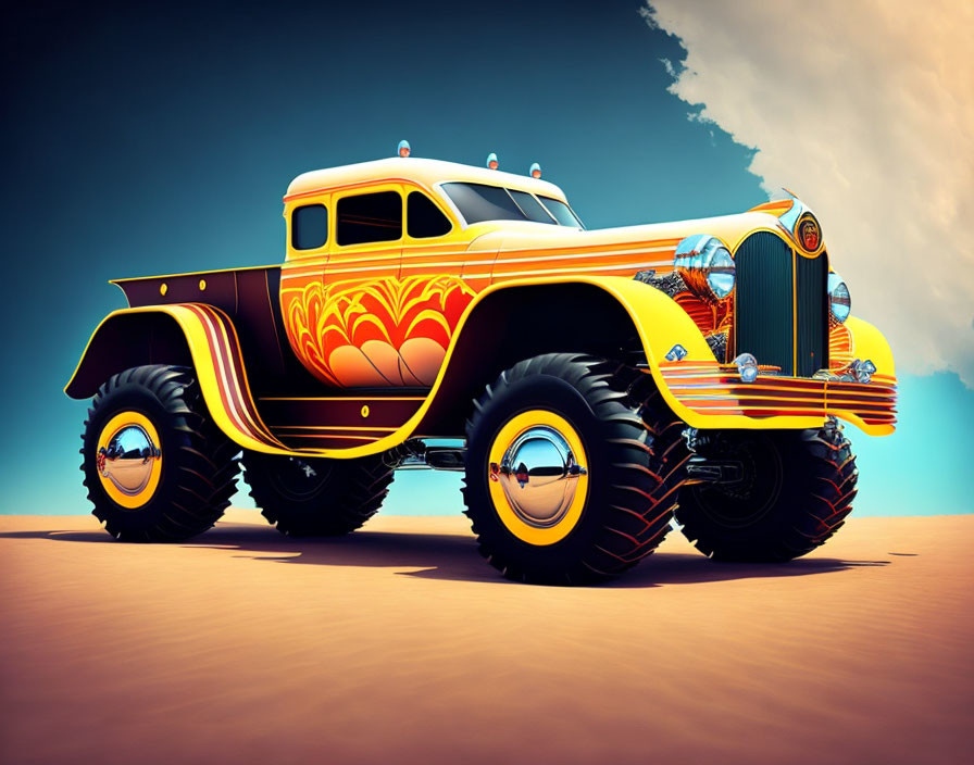 Classic yellow hot rod with large tires in desert landscape