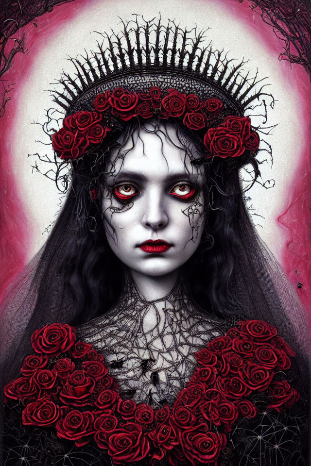 Gothic portrait featuring figure with pale skin, black eyes, red roses, and darkened lips