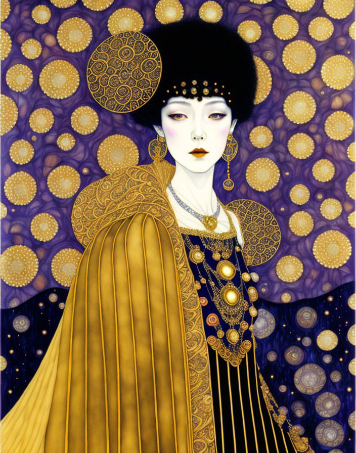 Traditional attire illustration: Pale-skinned woman in black hair, gold-trimmed clothing, set against