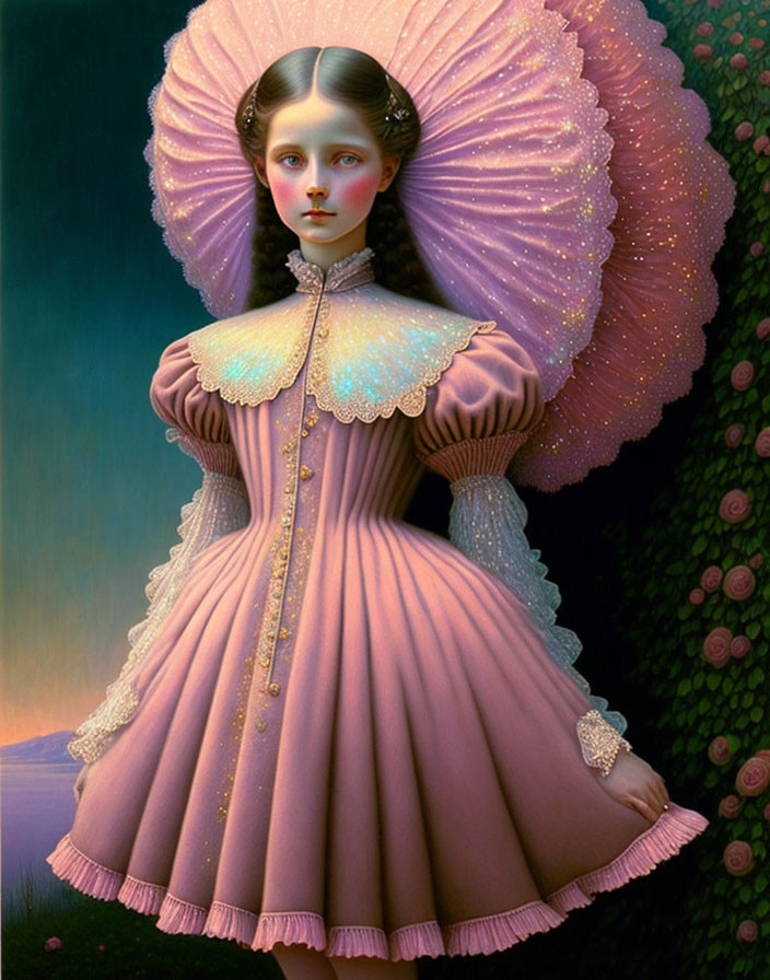 Surreal portrait of a woman with oversized ruffled collar, Victorian dress, iridescent wings