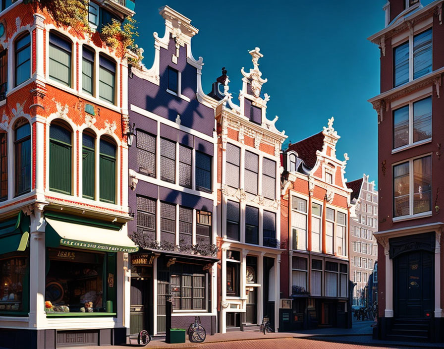 Dutch gabled buildings on quiet sunlit street with parked bicycle