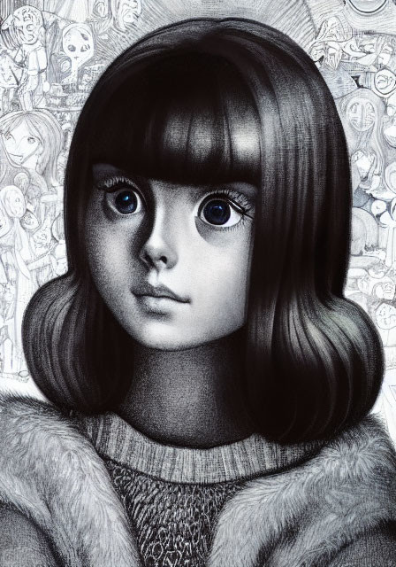 Detailed pencil drawing of a girl with large eyes and bob haircut in a sweater against intricate backdrop.