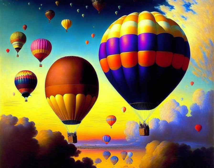 Vibrant sunset sky with colorful hot air balloons