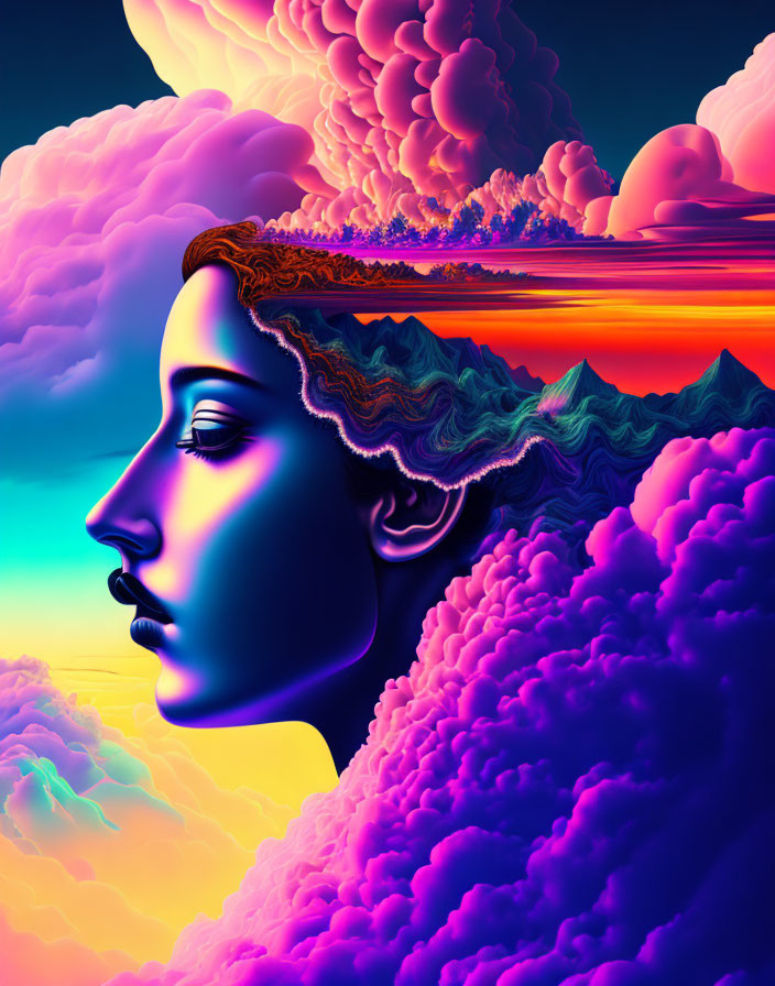 Colorful digital artwork: Woman's profile merges with surreal landscapes and clouds