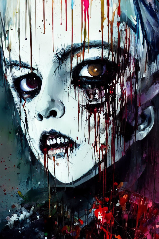 Colorful face art with intense eyes and macabre beauty