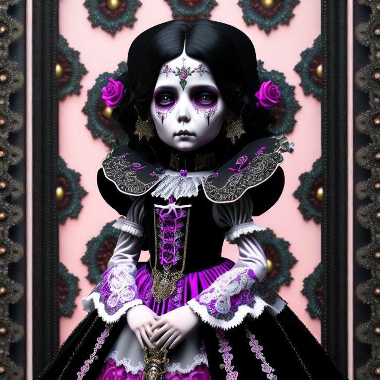 Gothic-style doll in Victorian dress with purple accents and dark makeup, ornate frames and purple