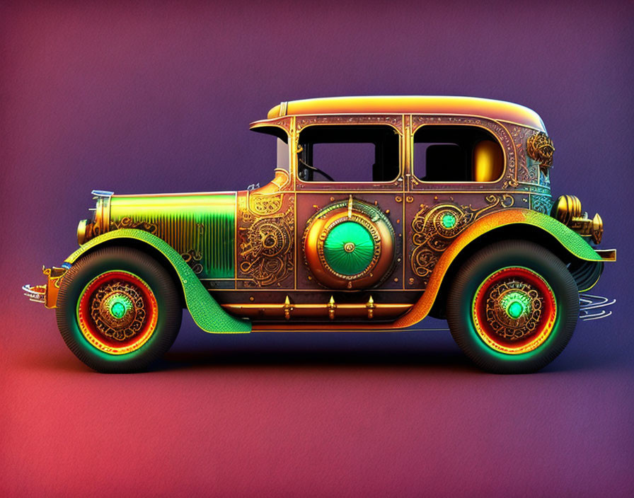 Vibrant Art Nouveau-inspired vintage car on purple background