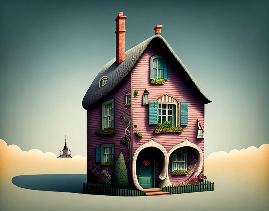 Whimsical purple house illustration with exaggerated features and lush greenery