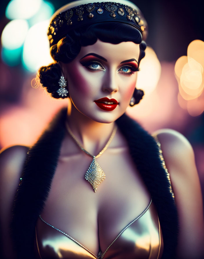 Vintage-style portrait of woman with headband, red lipstick, fur stole, colorful bokeh background