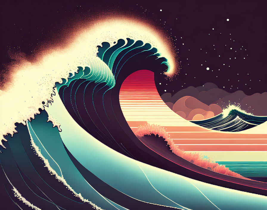 Large Wave Illustration with Starry Night Sky & Retro Color Palette