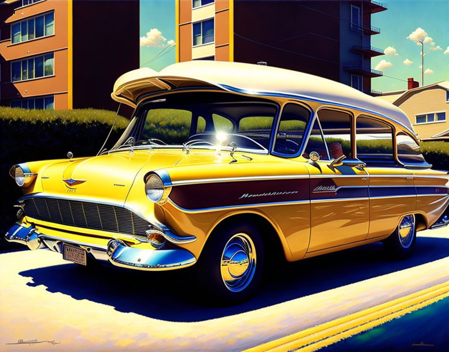 Vintage Yellow & White Chevrolet Nomad Station Wagon on Sunny Street