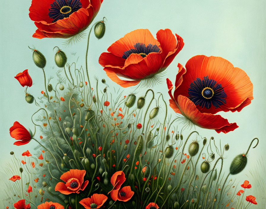 Colorful poppies with blue-black centers and green seed pods on teal background