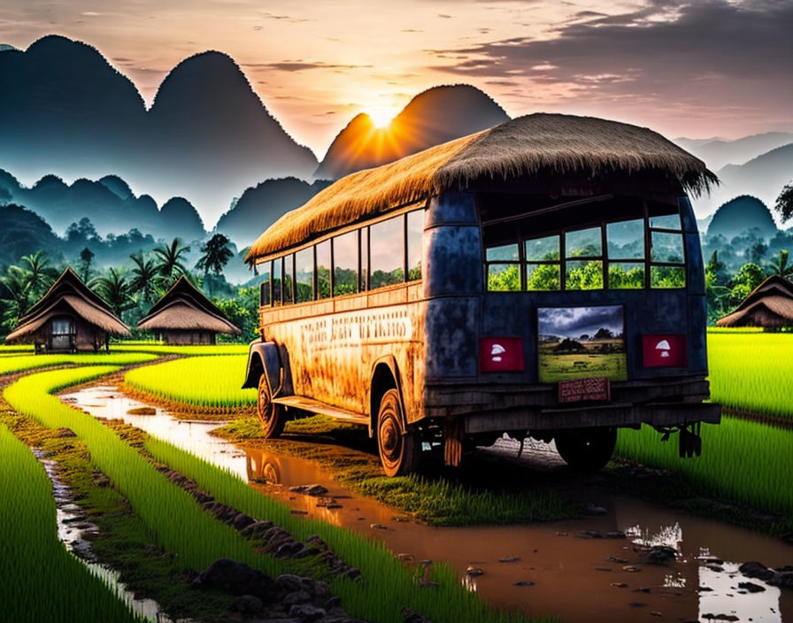 Thatched Roof Bus in Green Rice Paddies at Sunrise