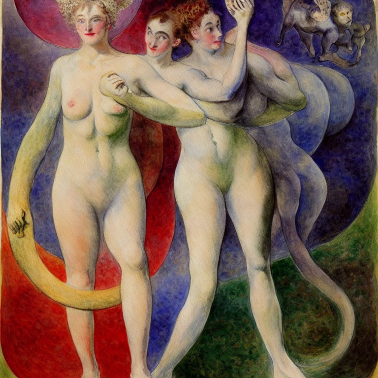 Nude angelic figures with wings dancing alongside monkeys on a crescent moon