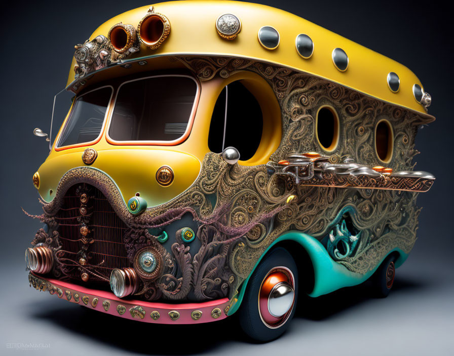 Fantastical digitally-rendered vehicle with intricate patterns and vibrant colors