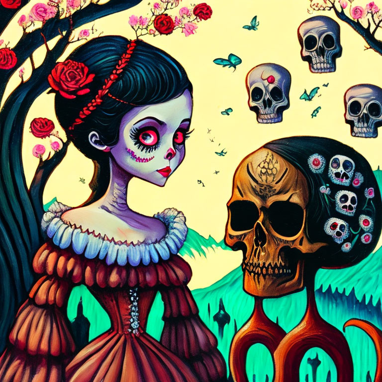 Colorful Day of the Dead Woman with Skull Illustration on Floral Background