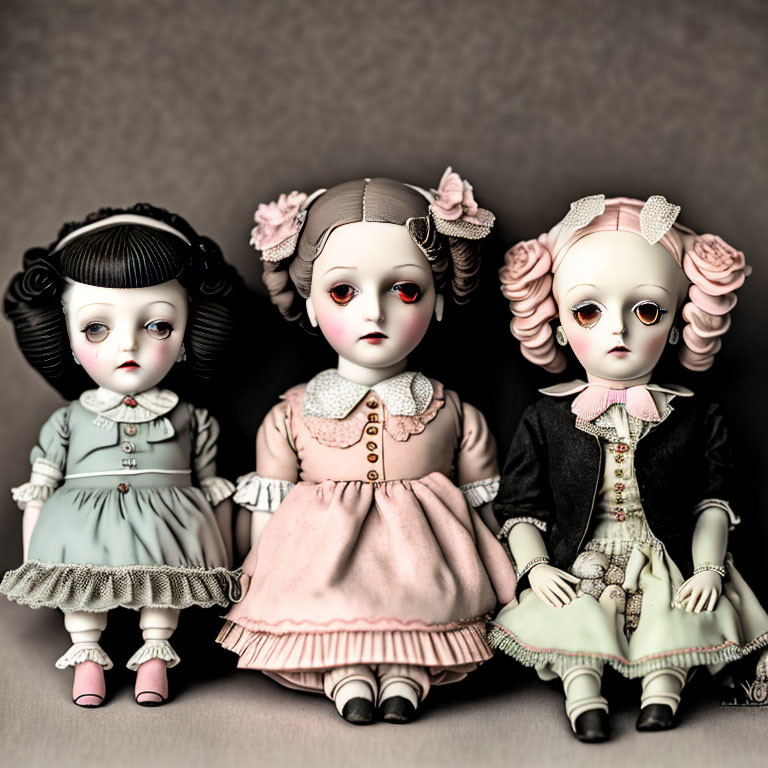 Vintage-style porcelain dolls with elaborate hairstyles and period dresses