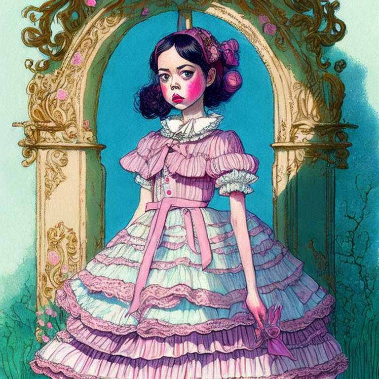 Girl in stern expression wearing frilly pink Victorian dress against ornate teal backdrop