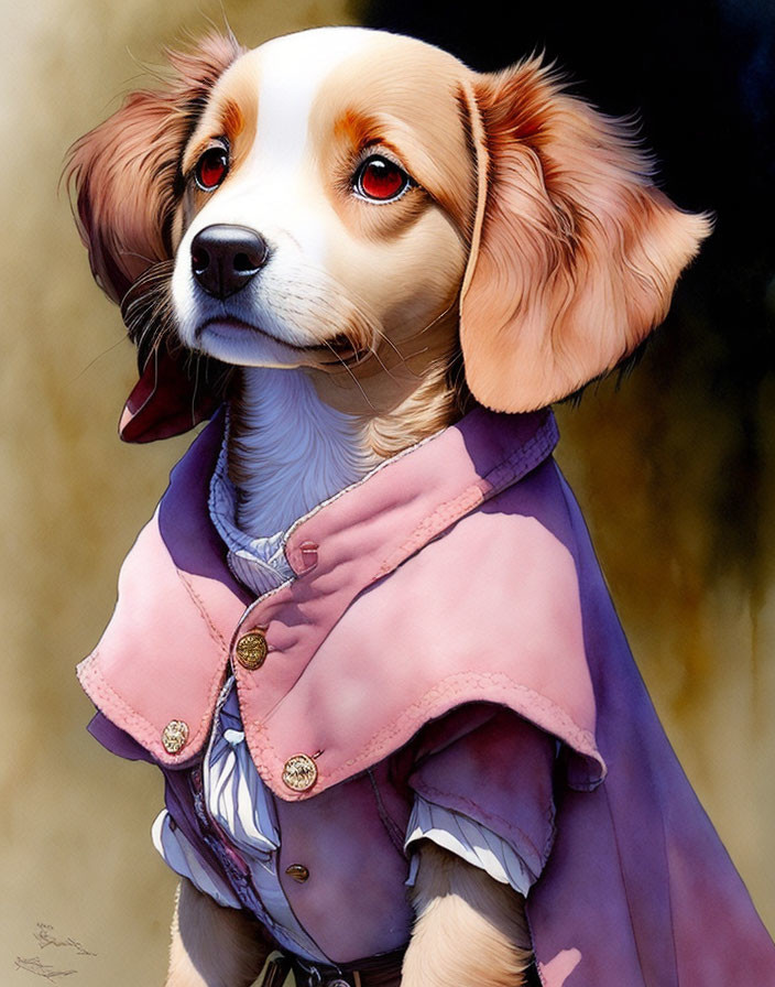 Digital art illustration: Dog with human-like eyes in pink jacket