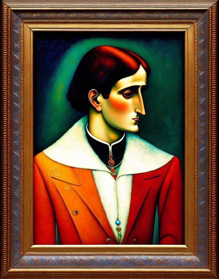 Colorful Attire Portrait with Prominent Nose & Ornate Frame