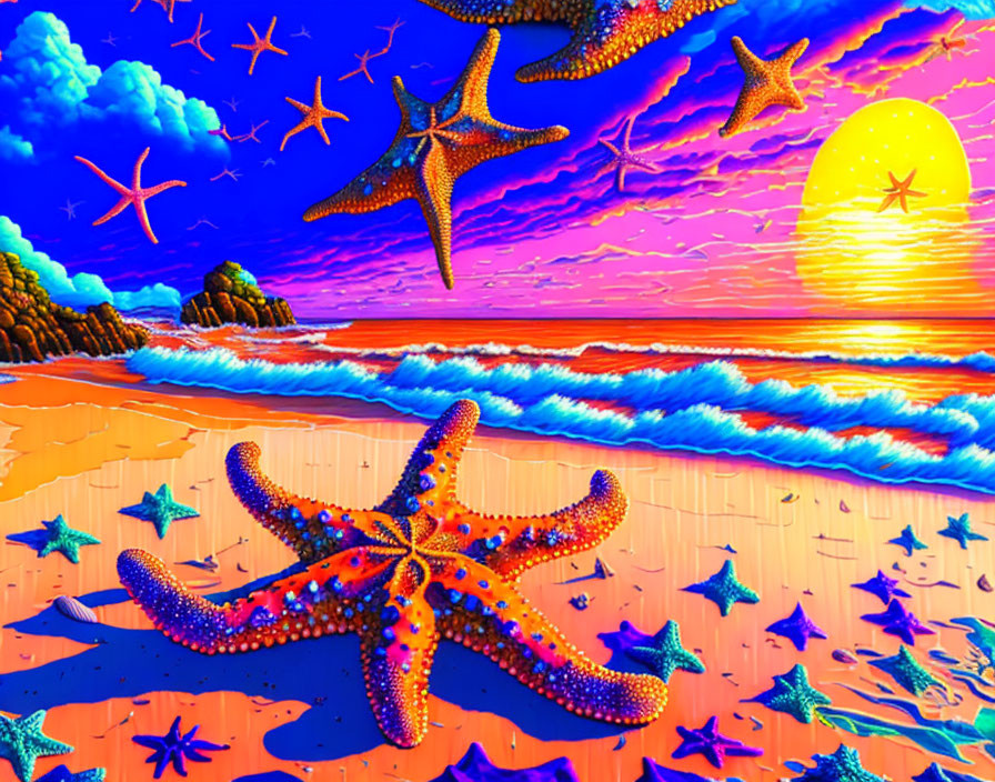 Colorful Sunset Beach Scene with Starfish and Seagulls