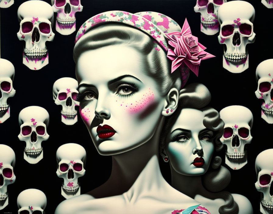 Stylized portrait of two women with vintage hairstyles and pink floral accessory on dark background with white skulls