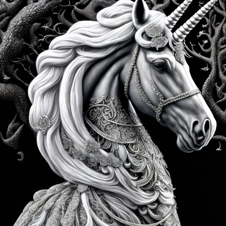 Detailed Monochromatic Unicorn Drawing with Ornate Mane on Dark Background