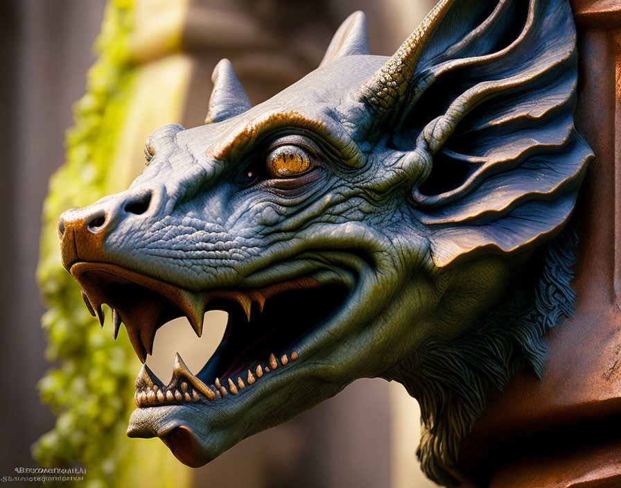 Detailed Dragon Head Sculpture with Sharp Teeth, Scaly Skin, and Prominent Horns