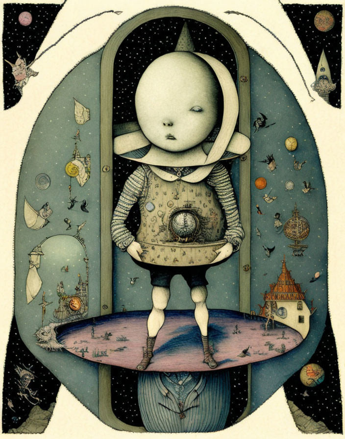 Whimsical character with large moon head in doorway surrounded by fantastical elements