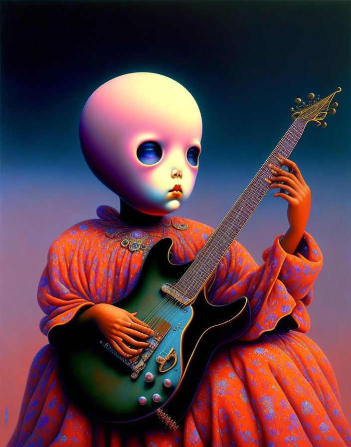 Large-headed figure in orange dress with electric guitar on gradient background