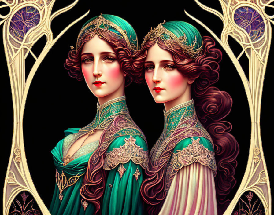 Elegantly dressed women in art nouveau style with intricate headdresses and ornate gowns on black