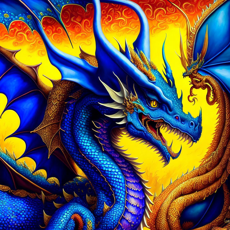 Detailed Blue and Gold Dragon Illustration with Intricate Scales