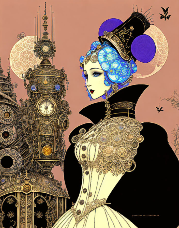 Steampunk-style woman with blue hair and intricate hat in clockwork background.