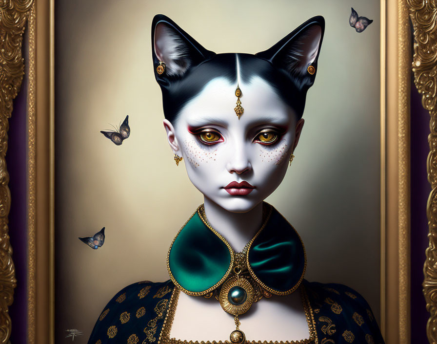 Surreal portrait of female figure with cat's head, adorned with jewelry and butterflies on golden background