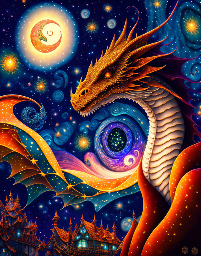 Golden dragon in celestial background with galaxies and crescent moon.