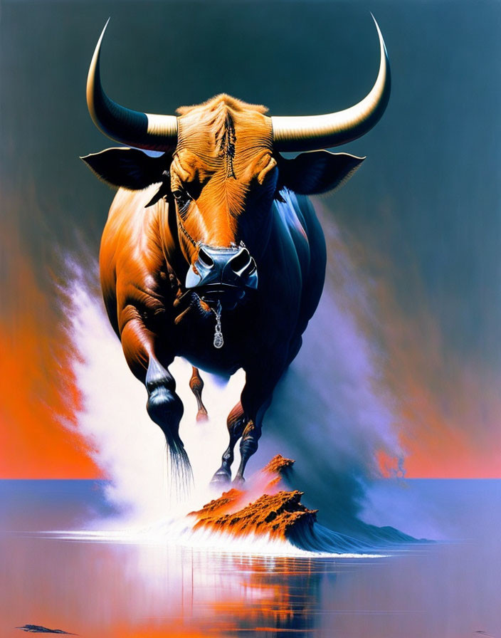 Vibrant charging bull illustration on orange and blue backdrop