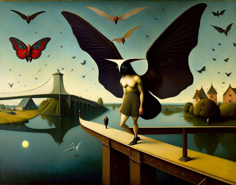 Surreal painting of creature with bird wings and penguin head in fantastical landscape