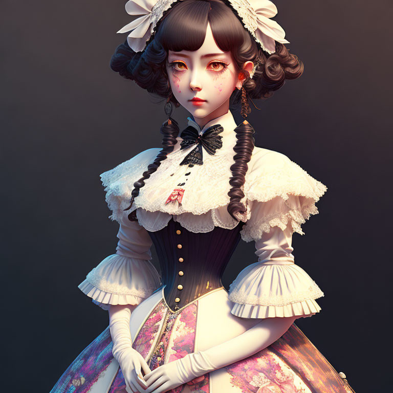 Illustrated character in Victorian dress with pale skin and braided hair