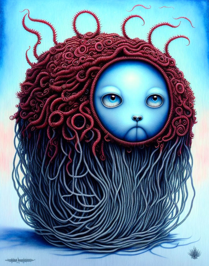 Surreal blue-faced creature with red tentacles on gradient background