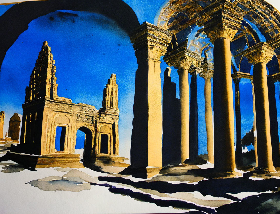 Ancient ruins watercolor painting with towering columns and arches on bold blue background