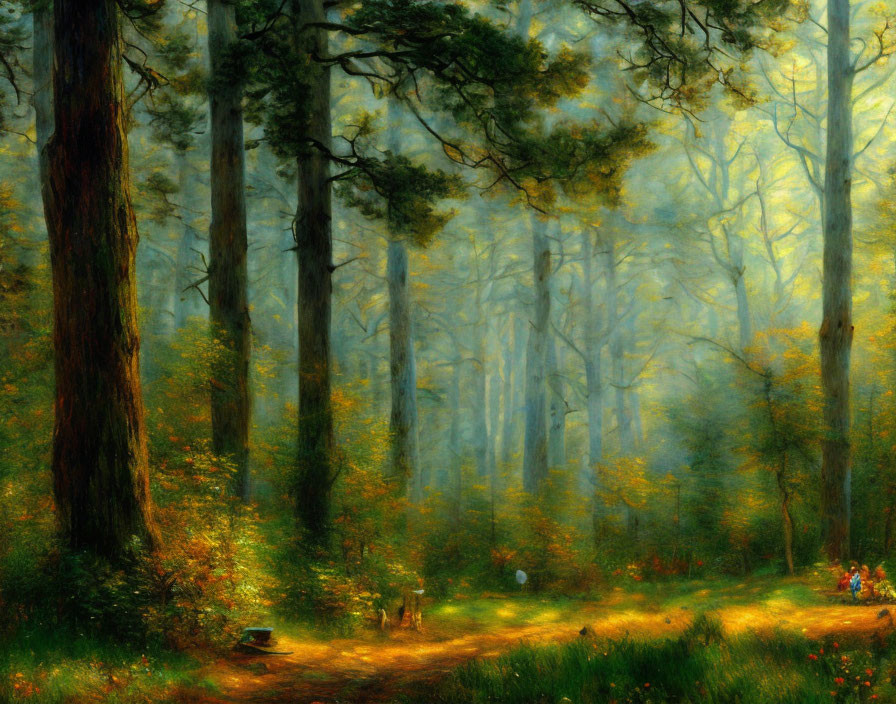 Tranquil forest glade with sunbeams and small figures