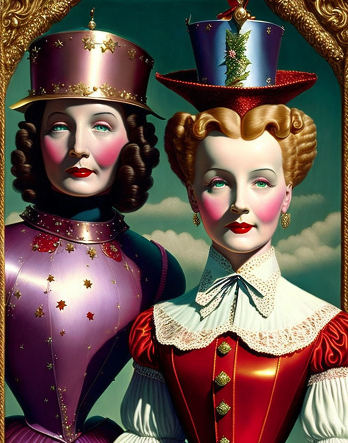 Surreal portrait featuring figures with cylindrical headpieces and unique attire