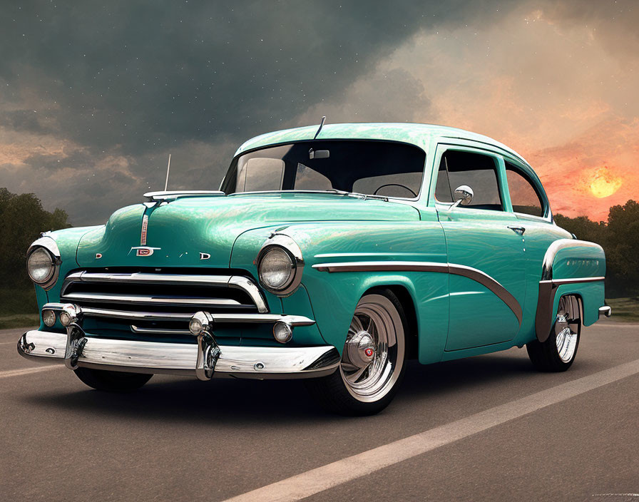 Classic Turquoise Car with Chrome Details on Asphalt Road at Sunset