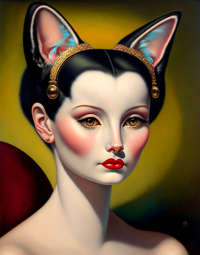 Surreal portrait of woman with feline features and elegant jewelry