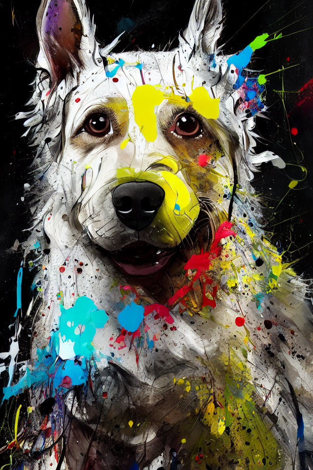 Abstract Dog Portrait with Vibrant Blue, Yellow, and Red Splashes