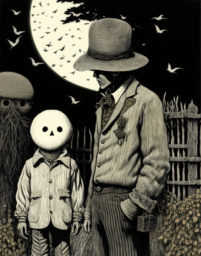 Monochromatic illustration of figures under moonlit sky